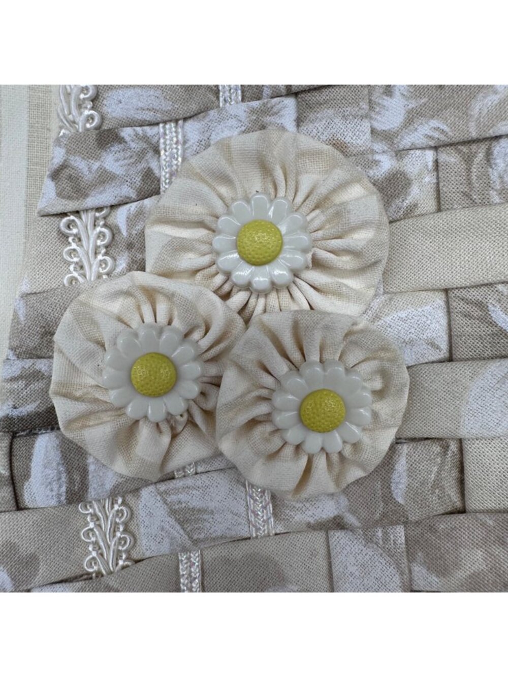 Handmade Vest Woven Daisy Accents Floral Open Front Beige Cream Yellow Flowers - Picture 4 of 5